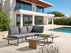 Set da esterno divano modulare cuscini tavolo da caffè grigio scuro e marrone chiaro moderno set di conversazione