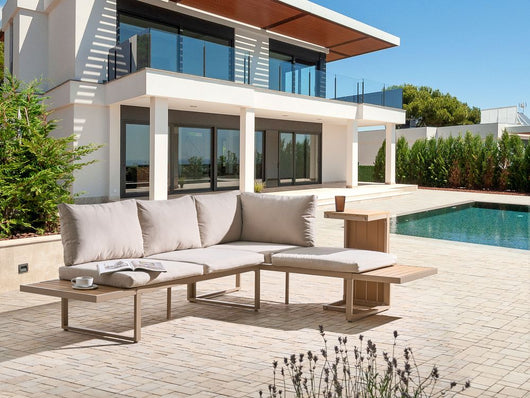 Set da esterno divano modulare cuscini tavolo da caffè beige e marrone chiaro set di conversazione