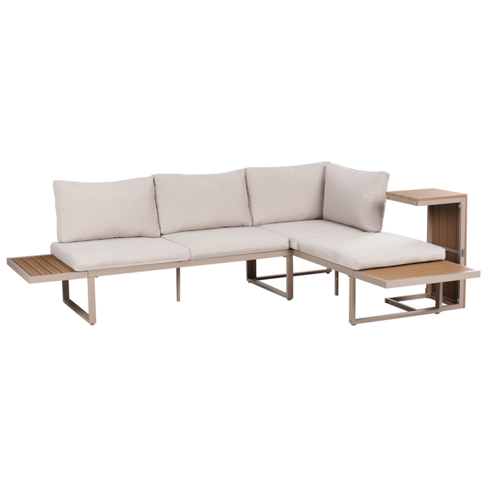 Set da esterno divano modulare cuscini tavolo da caffè beige e marrone chiaro set di conversazione