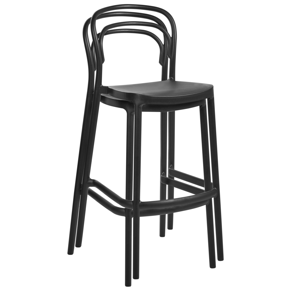 Set di 2 sedie da bar in plastica nera moderna resistente alle intemperie per uso interno ed esterno