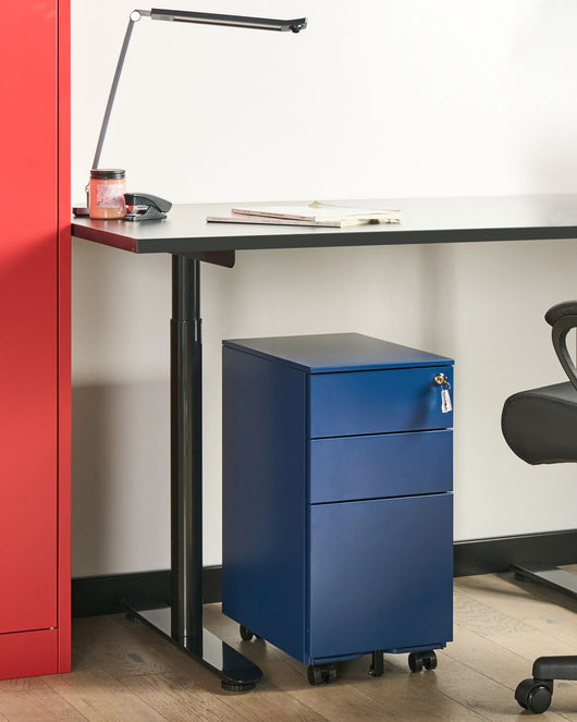 Mobiletto Portaoggetti in Metallo blu con 3 Cassetti con serratura a chiave e ruote industriali moderno Home Office Garage