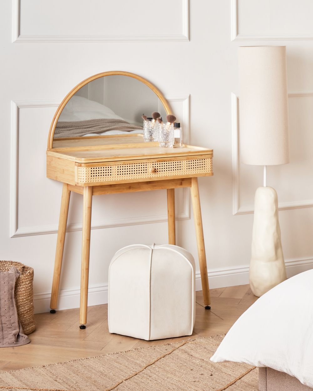 Toeletta in legno di bamboo con sgabello e specchio camera da letto soggiorno stile boho