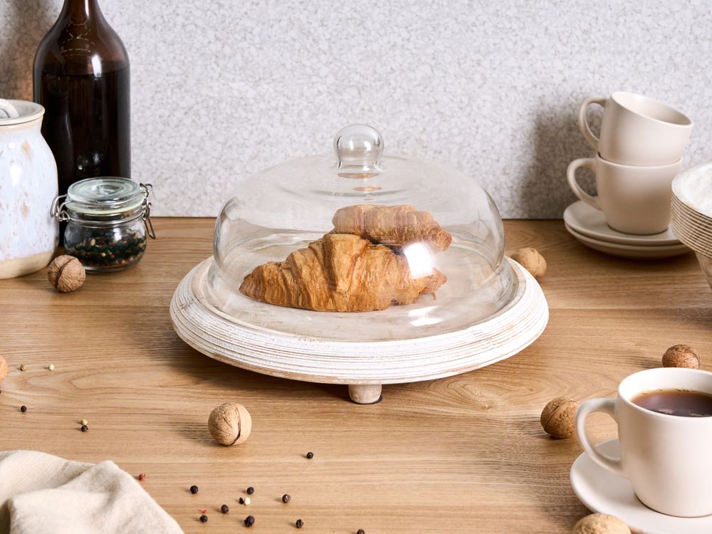Vassoio per torte in legno di mango e coperchio in vetro Vassoio decorativo per torte pasticceria