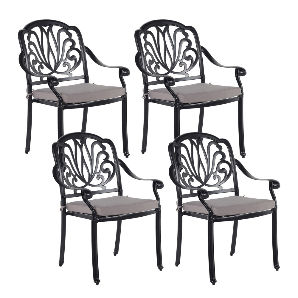 Set di 4 Sedie da Giardino Vintage in Alluminio Nero con Cuscini
