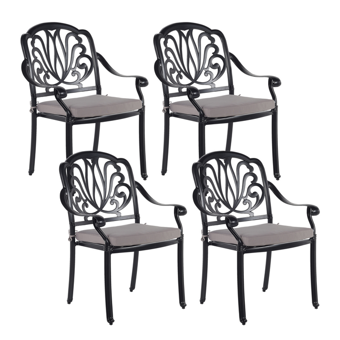 Set di 4 Sedie da Giardino Vintage in Alluminio Nero con Cuscini