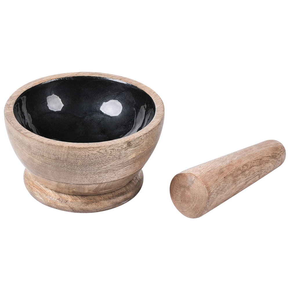 Set di mortaio e pestello in legno di mango fatto a mano marrone e nero soggiorno cucina