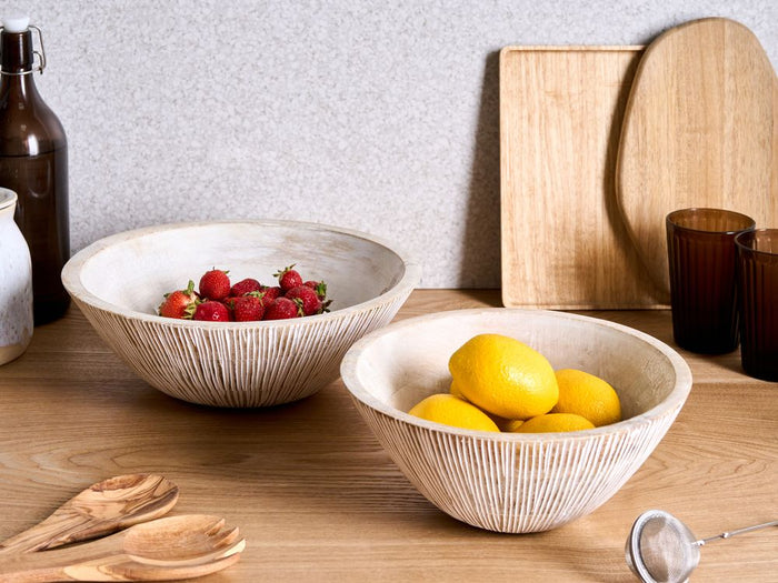 Set di 2 ciotole per frutta in legno di mango fatte a mano in stile moderno marrone chiaro