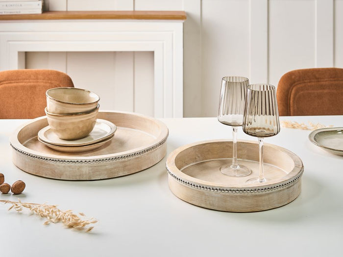 Set elegante e decorativo di 2 vassoi da portata rotondi per torte, supporto per pasticceria, espositore in legno di mango marrone chiaro