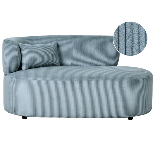 Chaise longue con rivestimento in velluto a coste blu e cuscino decorativo lato sinistro