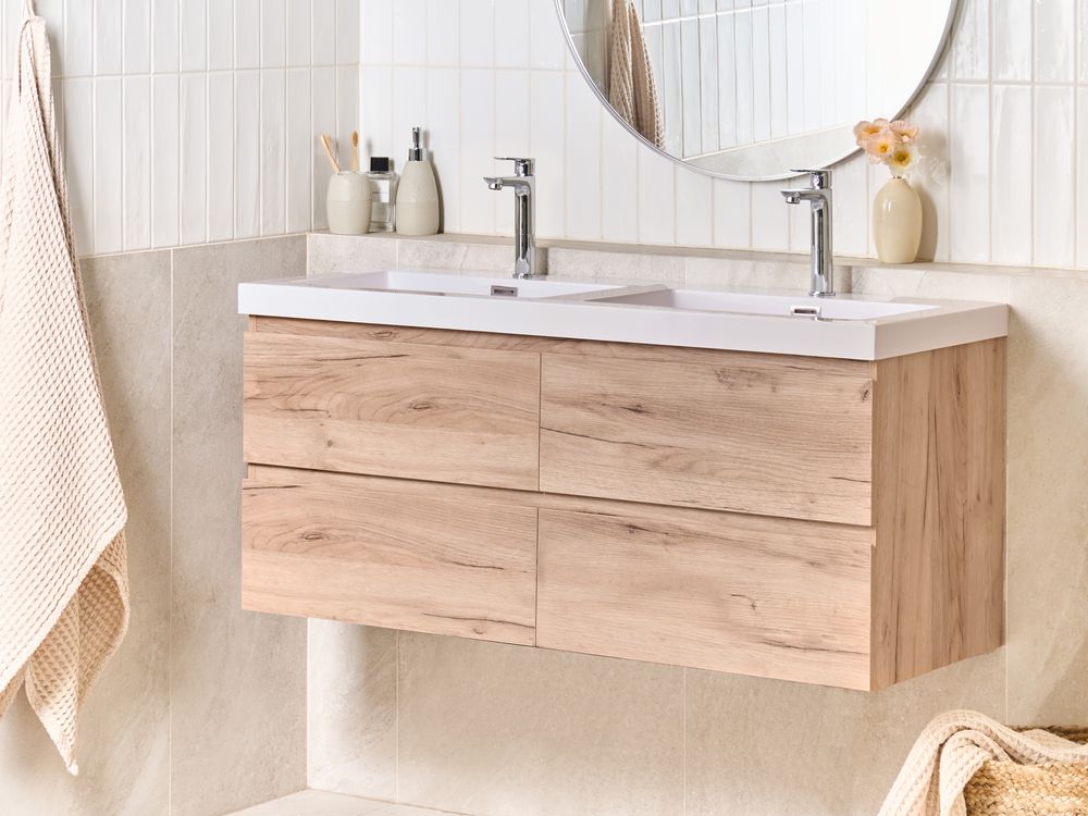 Mobile da bagno a parete con doppio lavabo Fronte in MDF effetto legno 4 cassetti 120 x 46 cm Marrone chiaro Ranco