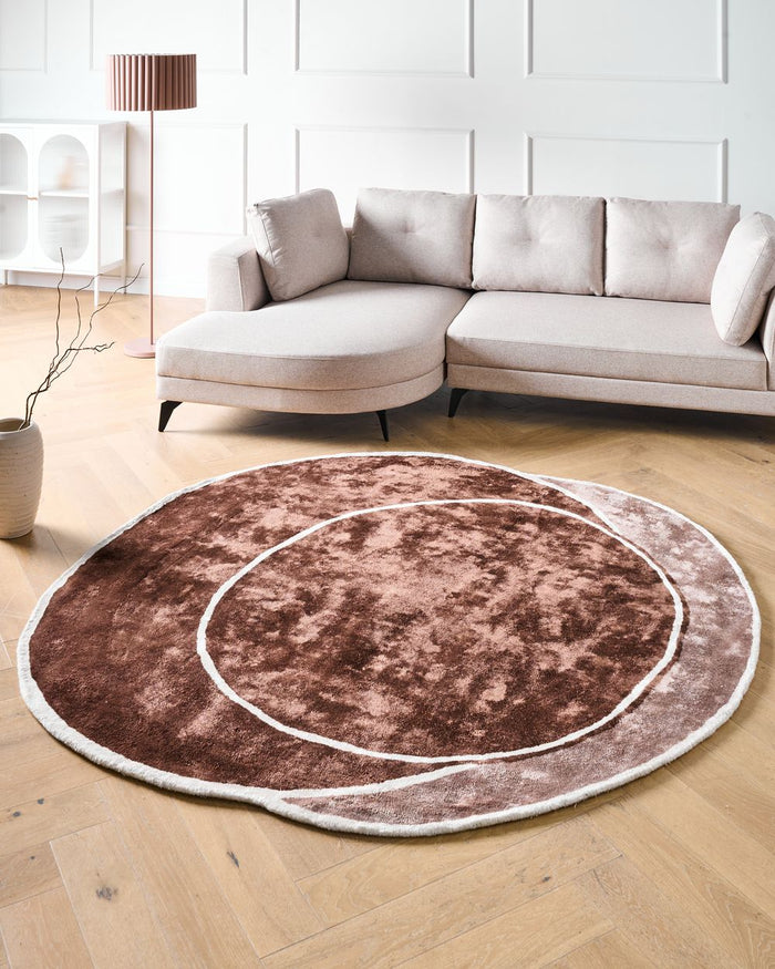 Tappeto marrone e marrone chiaro in viscosa e lana con motivo geometrico 200 x 200 cm in stile moderno e glam.