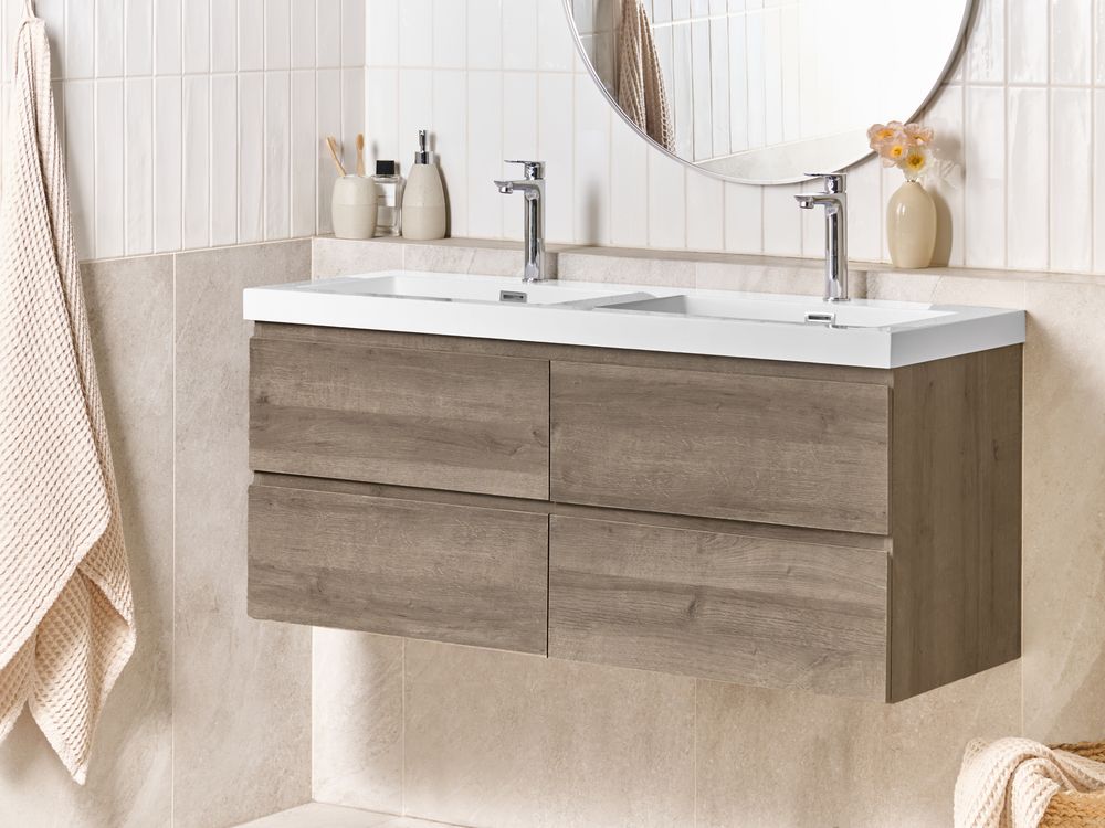Mobile bagno a parete con doppio lavabo Fronte MDF 4 cassetti 120 x 46 cm tortora design elegante