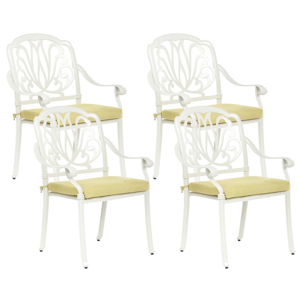 Set di 4 Sedie da Giardino Vintage in Alluminio Bianco sporco con Cuscini