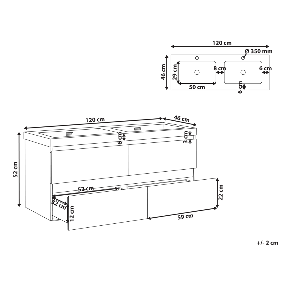 Mobile bagno a parete con doppio lavabo Fronte MDF 4 cassetti 120 x 46 cm tortora design elegante