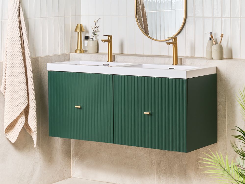 Mobiletto da bagno a muro con doppio lavabo in MDF 4 cassetti 120 x 46 cm Verde smeraldo stile elegante
