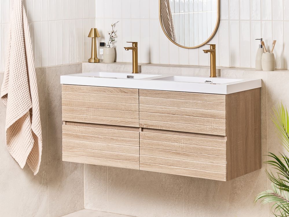 Pensile Vanity con doppio lavabo Unità mobile bagno Legno MDF 2 cassetti 120 x 46 cm Marrone chiaro