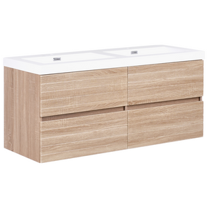 Pensile Vanity con doppio lavabo Unità mobile bagno Legno MDF 2 cassetti 120 x 46 cm Marrone chiaro