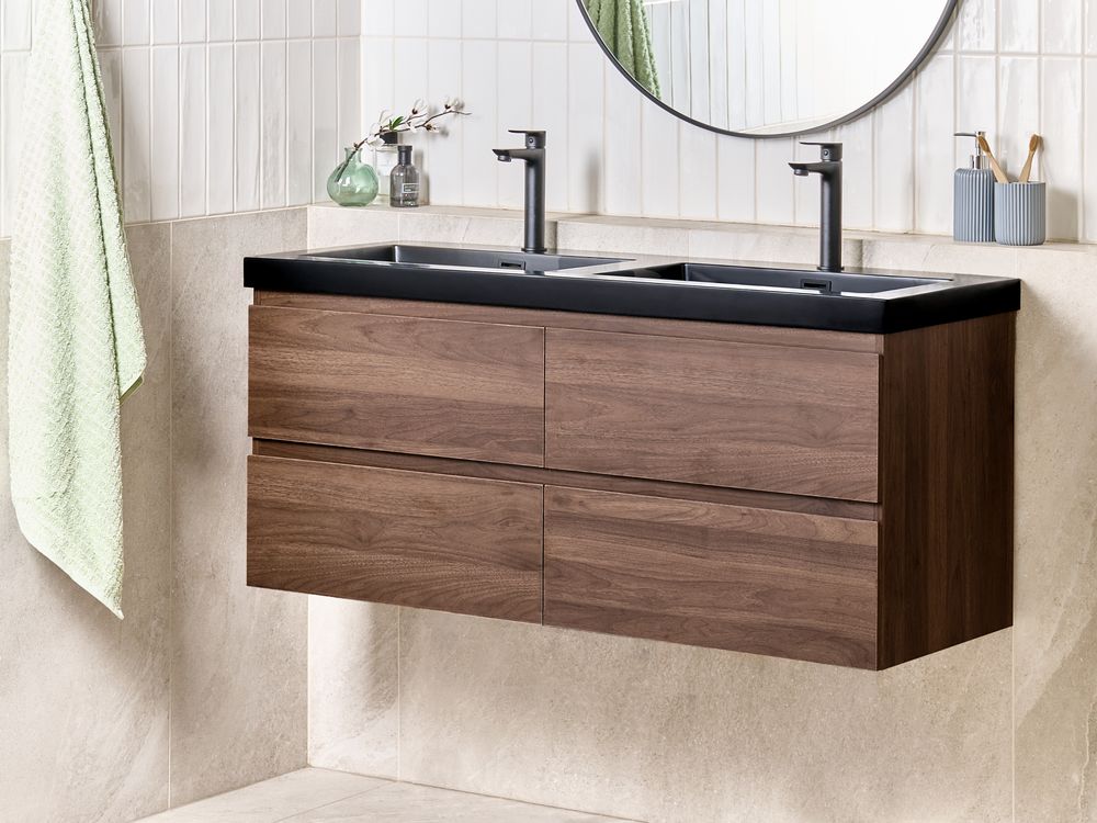 Mobiletto pensile con lavabo in legno MDF 2 cassetti 120 x 46 cm marrone scuro stile moderno
