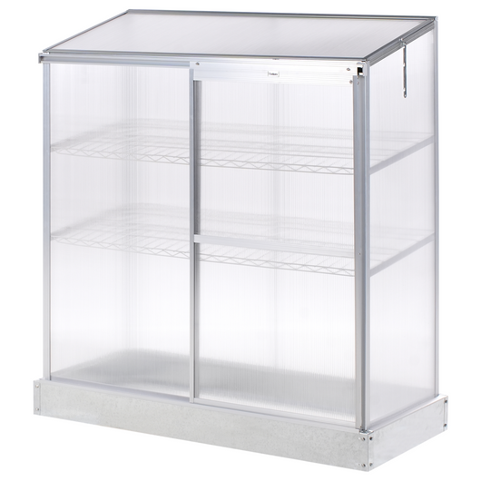 Balcone Serra Pannelli in policarbonato Telaio in alluminio con ripiani Porte scorrevoli Protezione UV Argento