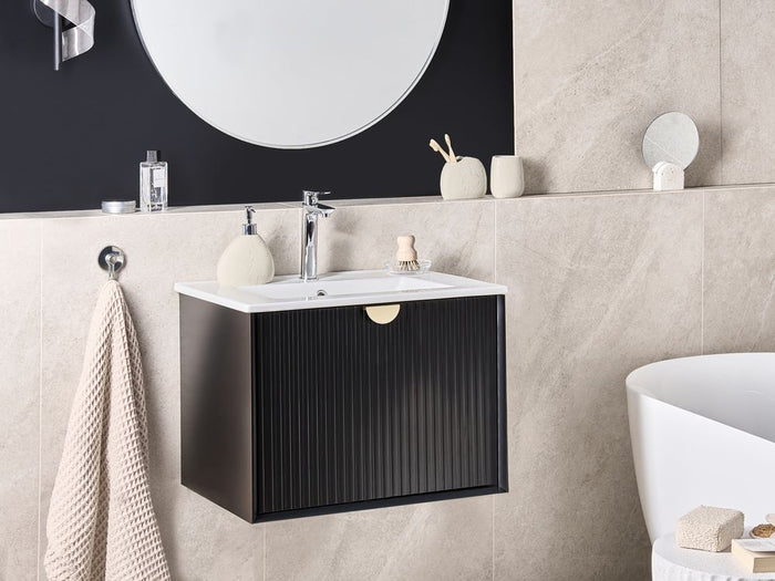 Mobiletto da parete con lavabo in legno massiccio per bagno 60 cm Nero stile moderno