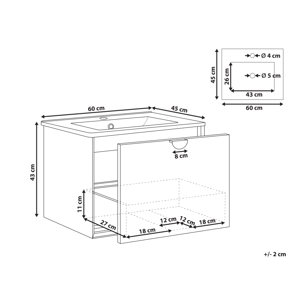 Mobiletto da parete con lavabo in legno massiccio per bagno 60 cm Nero stile moderno