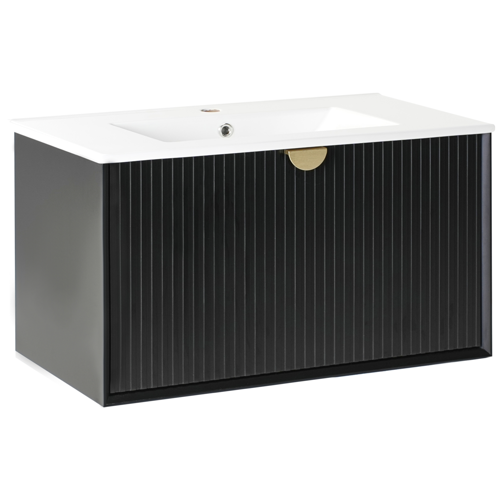 Mobiletto da parete con lavabo in legno massiccio per bagno 80 cm Nero stile moderno