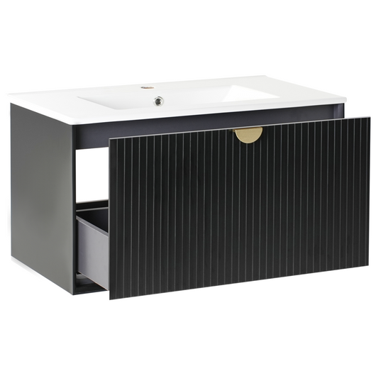 Mobiletto da parete con lavabo in legno massiccio per bagno 80 cm Nero stile moderno