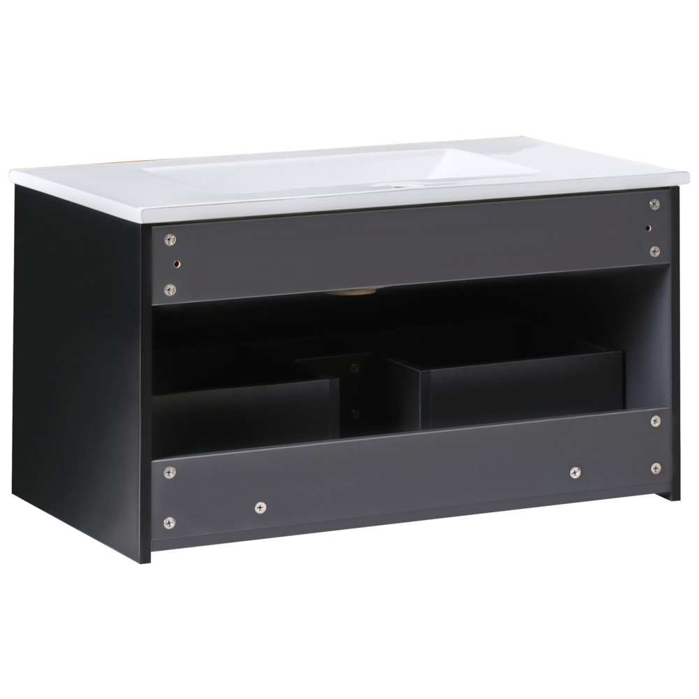 Mobiletto da parete con lavabo in legno massiccio per bagno 80 cm Nero stile moderno