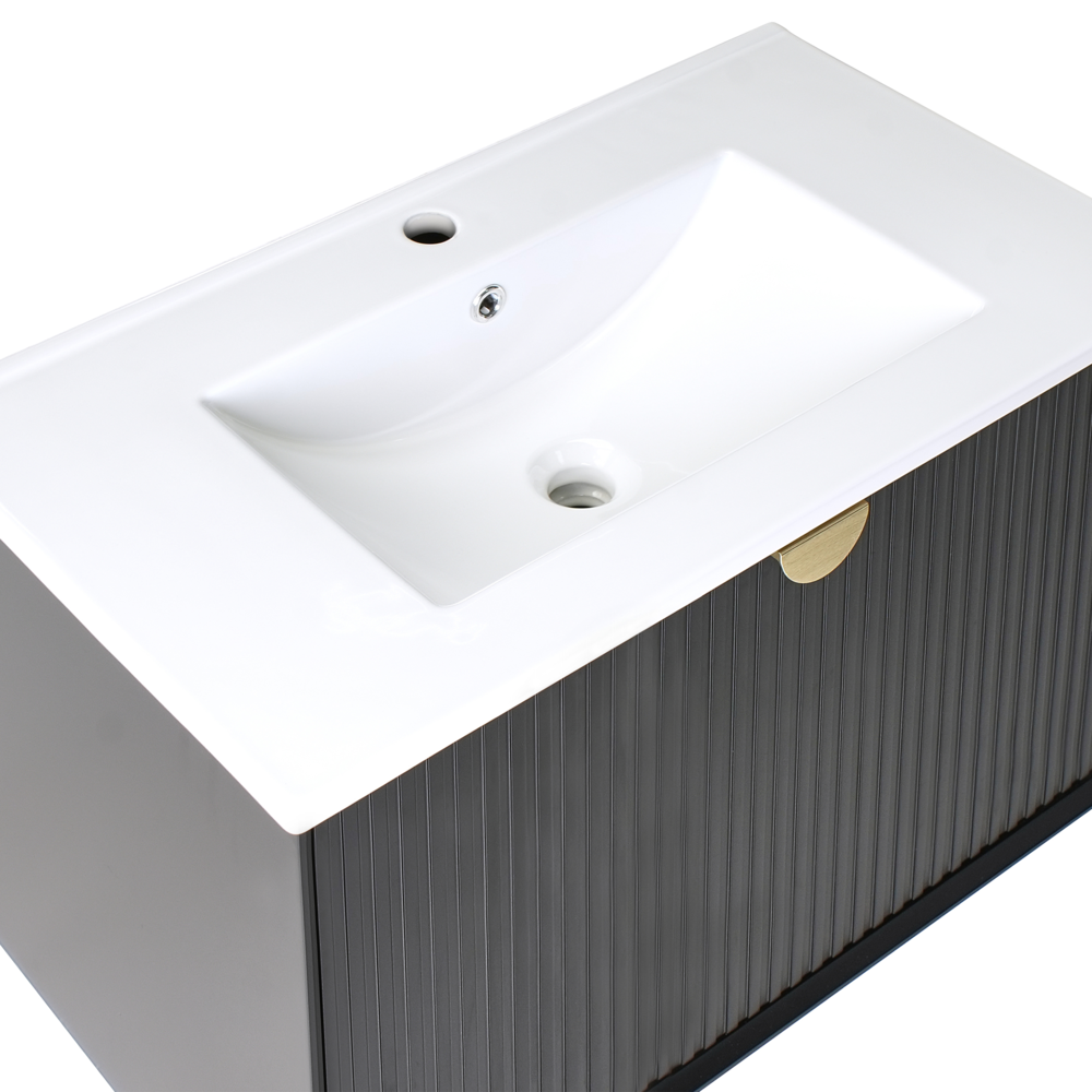 Mobiletto da parete con lavabo in legno massiccio per bagno 80 cm Nero stile moderno
