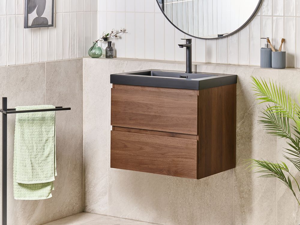 Mobiletto pensile con lavabo in legno MDF 2 cassetti 60 x 46 cm marrone scuro stile moderno