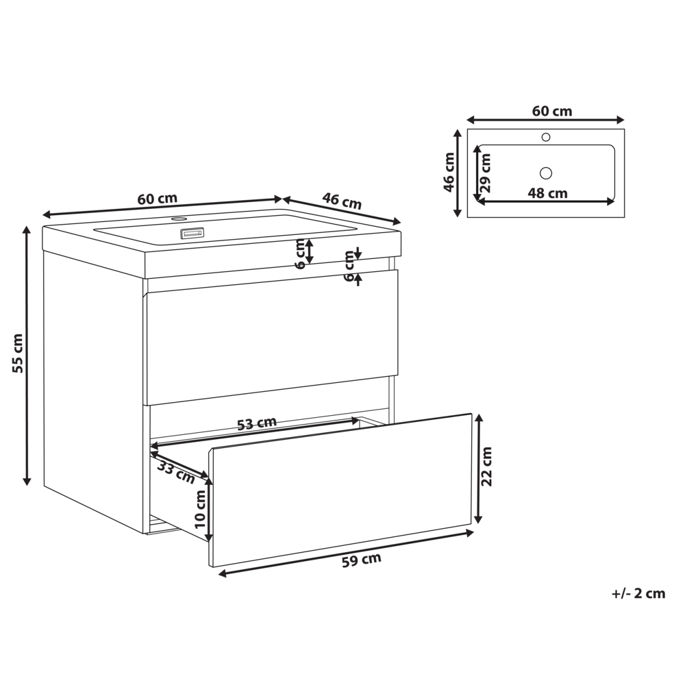 Mobiletto pensile con lavabo in legno MDF 2 cassetti 60 x 46 cm marrone scuro stile moderno