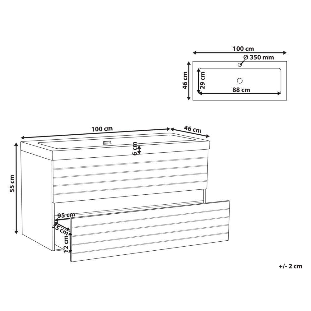 Pensile Vanity con doppio lavabo Unità mobile bagno Legno MDF 2 cassetti 100 x 46 cm Marrone chiaro