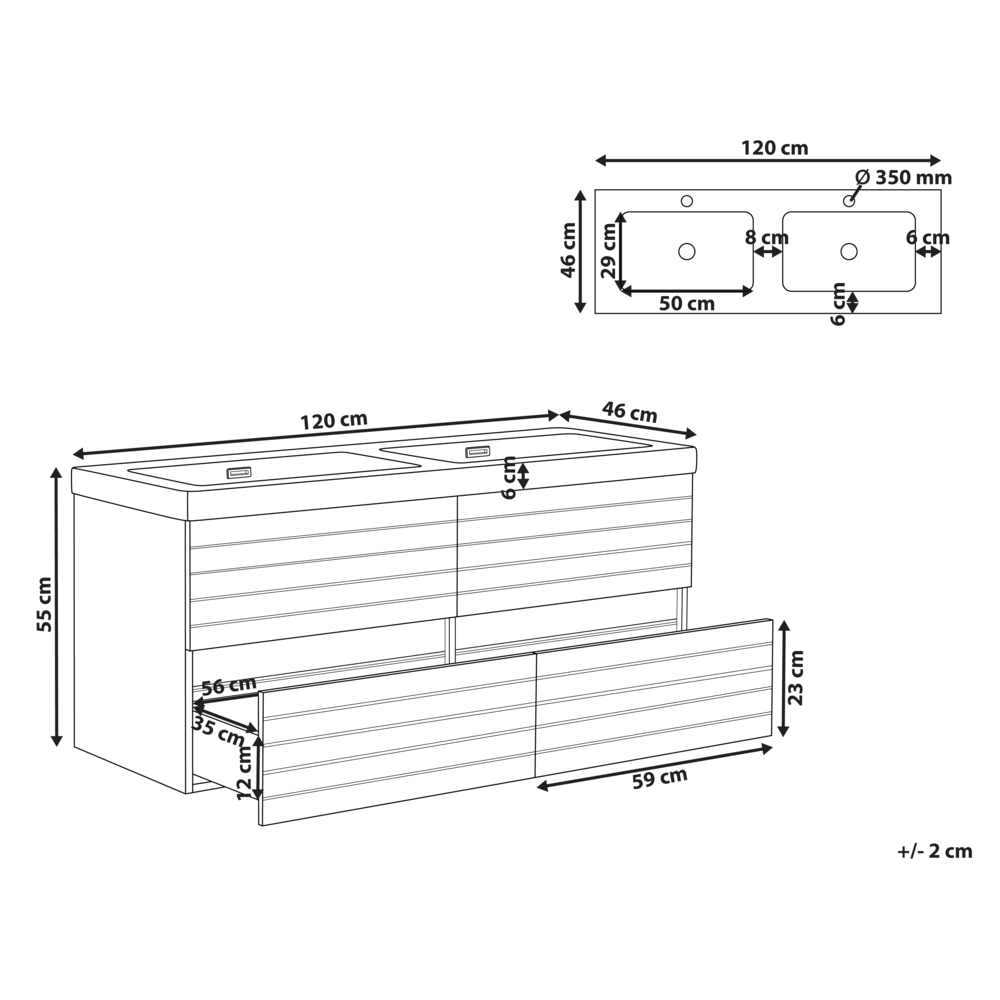 Pensile Vanity con doppio lavabo Unità mobile bagno Legno MDF 2 cassetti 120 x 46 cm Marrone chiaro