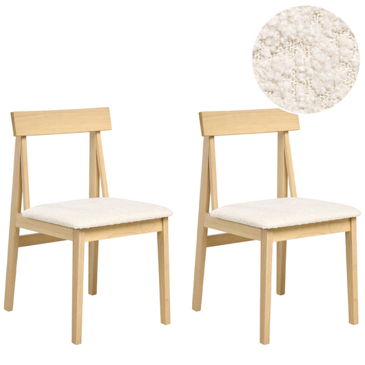 Set di 2 sedie da pranzo Struttura in legno di gomma chiaro Seduta in bouclé beige Design retrò senza braccioli
