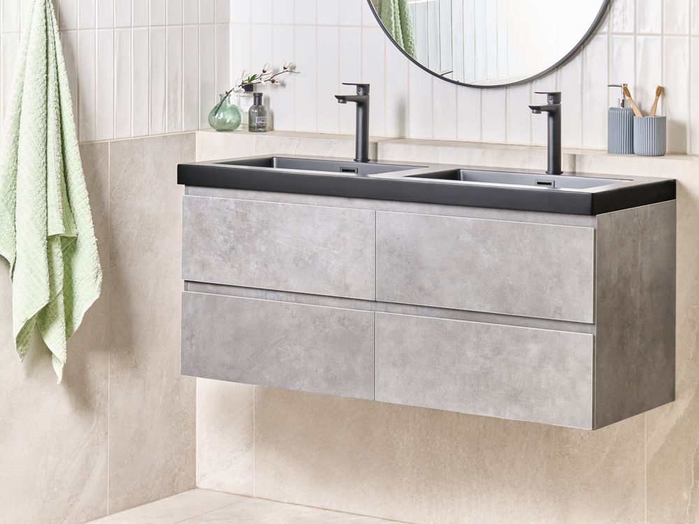 Mobiletto pensile con lavabo in legno MDF 2 cassetti 120 x 46 cm Grigio stile moderno