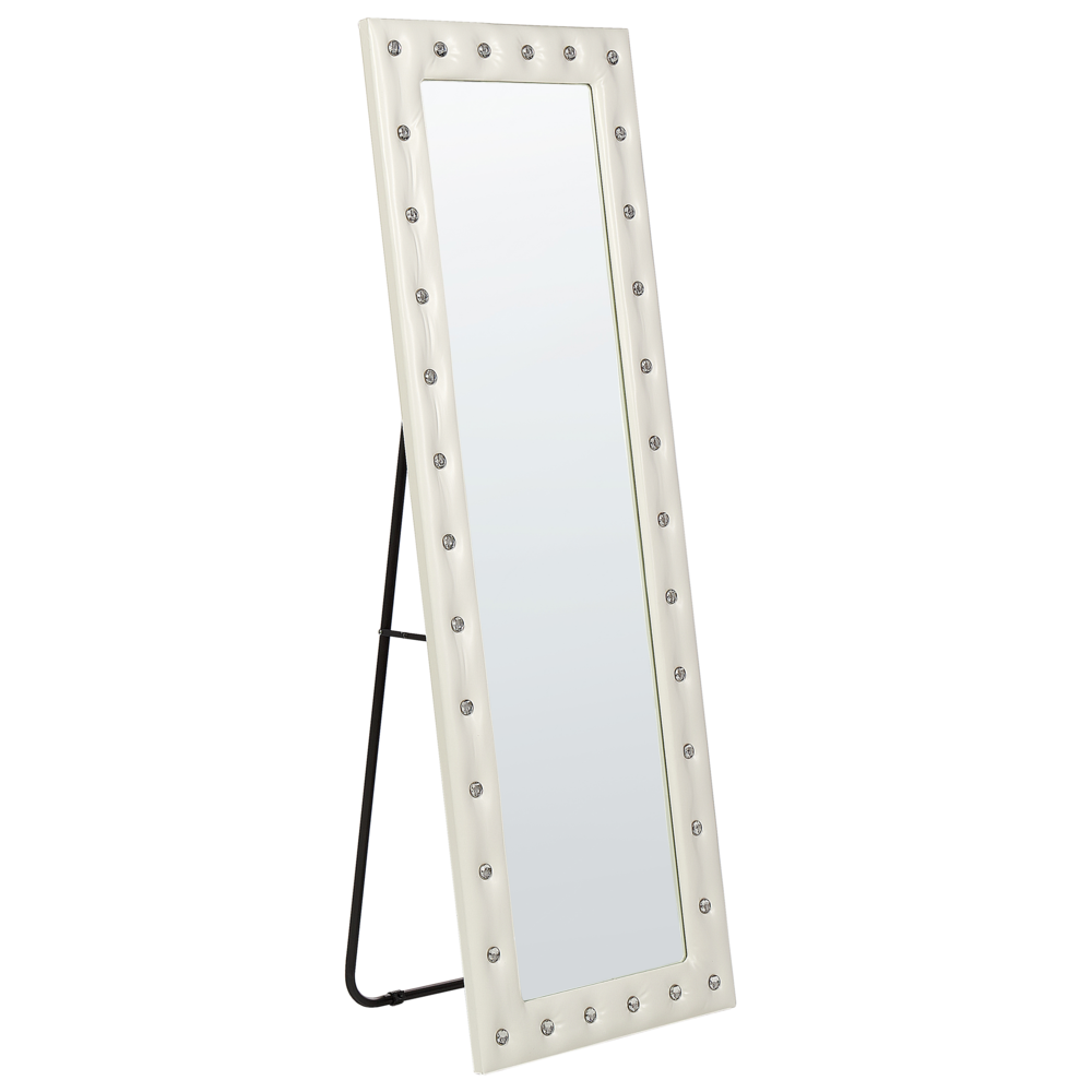 Specchio da pavimento in pelle sintetica bianca 50 x 150 cm cornice decorativa strass con supporto glamour da appendere per armadio camera da letto soggiorno