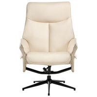 Poltrona reclinabile beige chiaro con poggiapiedi in ecopelle vegana, girevole e imbottita, con struttura in metallo dal design retrò.