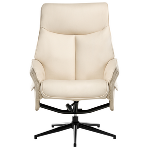 Poltrona reclinabile beige chiaro con poggiapiedi in ecopelle vegana, girevole e imbottita, con struttura in metallo dal design retrò.