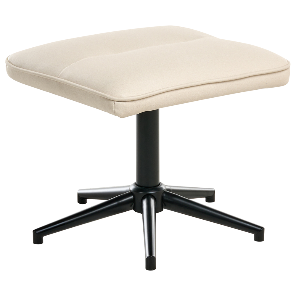 Poltrona reclinabile beige chiaro con poggiapiedi in ecopelle vegana, girevole e imbottita, con struttura in metallo dal design retrò.