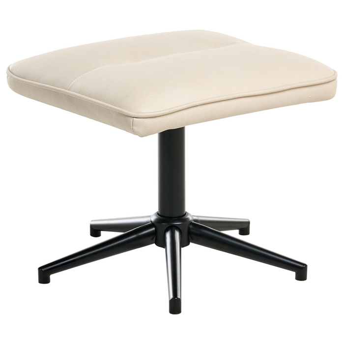 Poltrona reclinabile beige chiaro con poggiapiedi in ecopelle vegana, girevole e imbottita, con struttura in metallo dal design retrò.