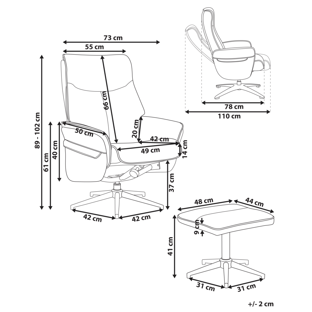 Poltrona reclinabile beige chiaro con poggiapiedi in ecopelle vegana, girevole e imbottita, con struttura in metallo dal design retrò.