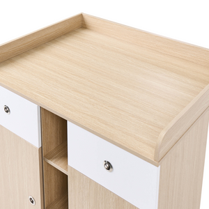 Fasciatoio con ripiani e cassetti in truciolato gambe in legno di pino contenitore per cameretta, marrone chiaro stile moderno