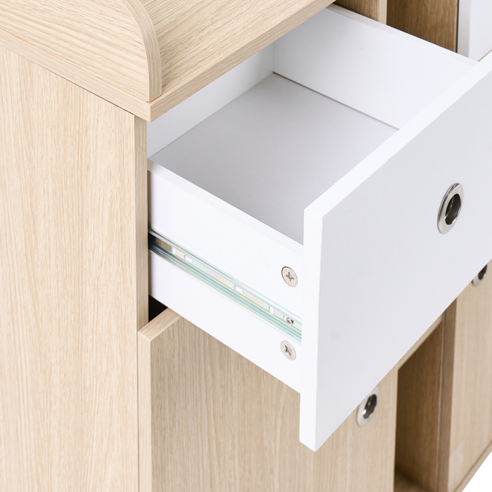 Fasciatoio con ripiani e cassetti in truciolato gambe in legno di pino contenitore per cameretta, marrone chiaro stile moderno