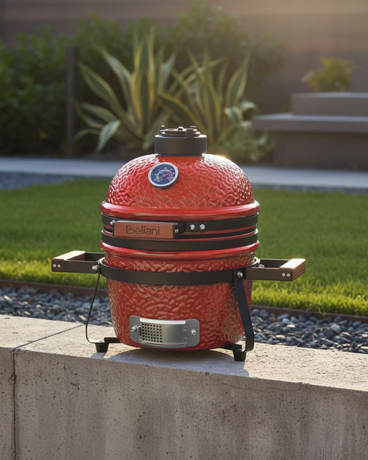 Grill a carbonella in ceramica rossa per barbecue stile Kamado con coperchio e griglia di cottura con termometro
