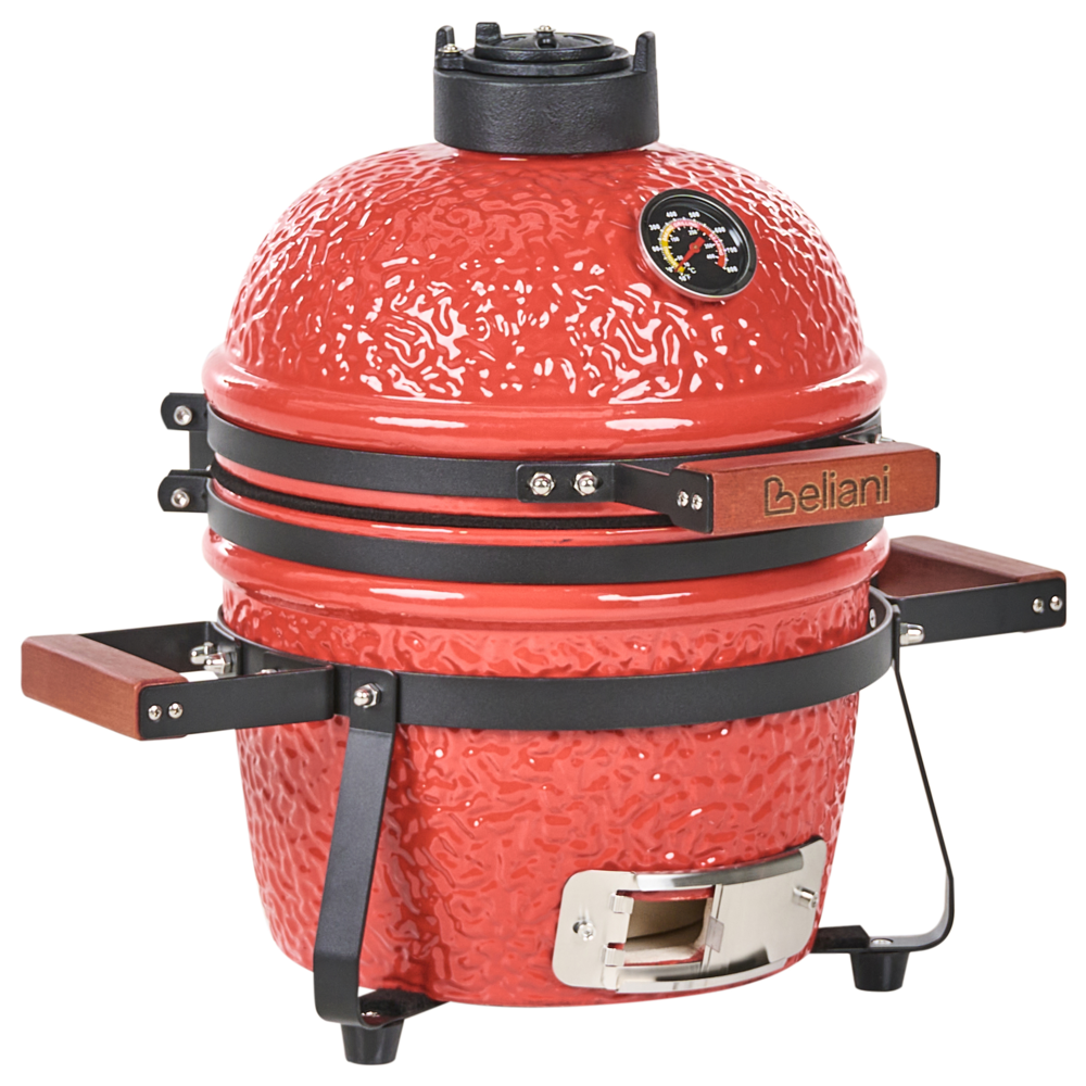 Grill a carbonella in ceramica rossa per barbecue stile Kamado con coperchio e griglia di cottura con termometro