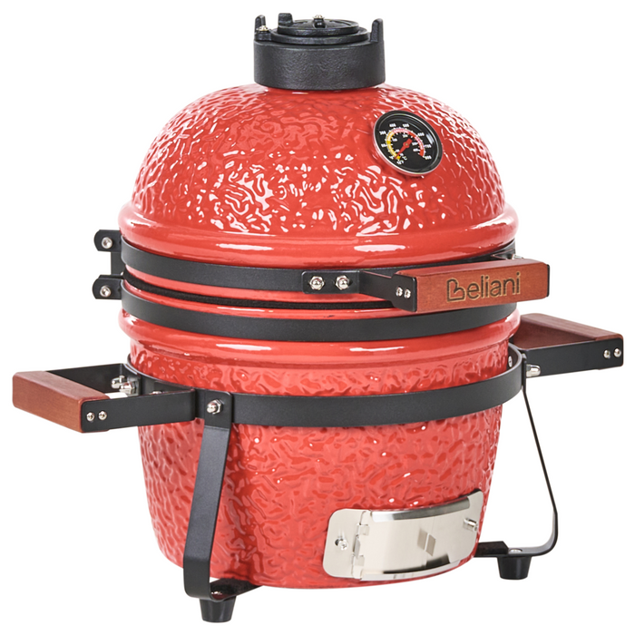 Grill a carbonella in ceramica rossa per barbecue stile Kamado con coperchio e griglia di cottura con termometro