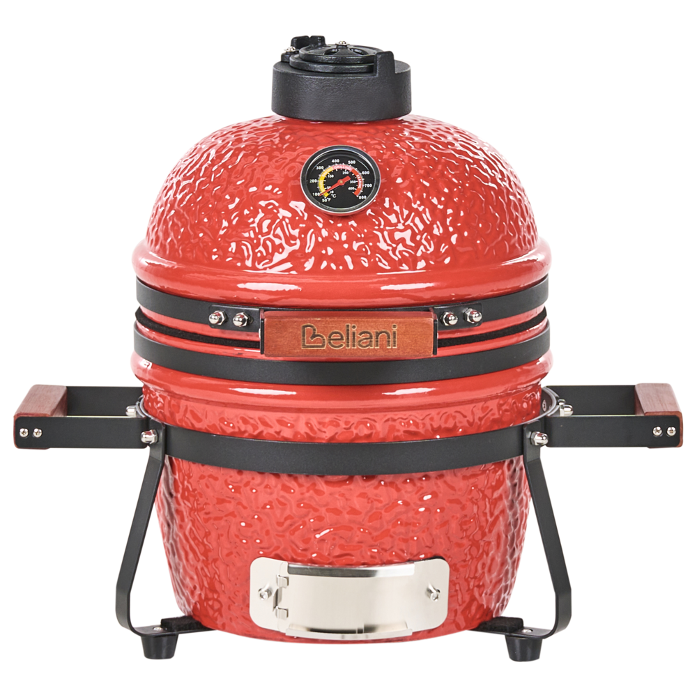 Grill a carbonella in ceramica rossa per barbecue stile Kamado con coperchio e griglia di cottura con termometro