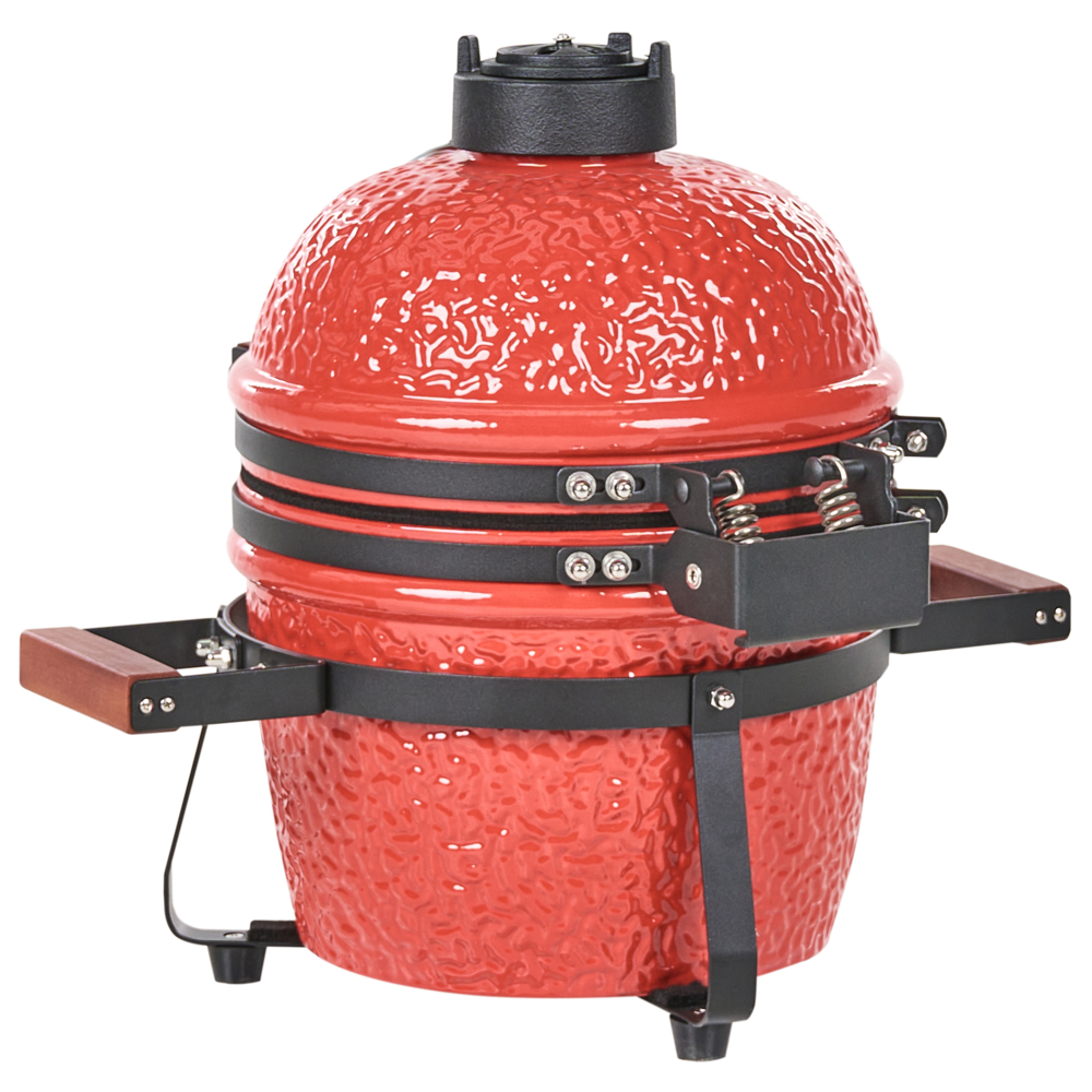 Grill a carbonella in ceramica rossa per barbecue stile Kamado con coperchio e griglia di cottura con termometro