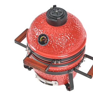 Grill a carbonella in ceramica rossa per barbecue stile Kamado con coperchio e griglia di cottura con termometro