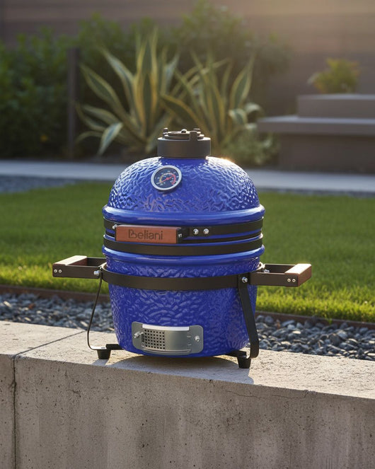 Mini barbecue da esterno in ceramica a carbone con coperchio termometro e griglia di cottura colore blu
